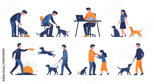 Dog Walking, Pet Care, People and Dogs, Flat Vector Icons