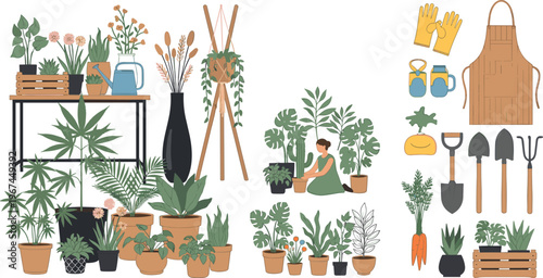 Indoor Plant and Gardening Vector Set with Potted Houseplants, Garden Tools, Apron, Gloves, Watering Can, and Botanical Decor Elements
