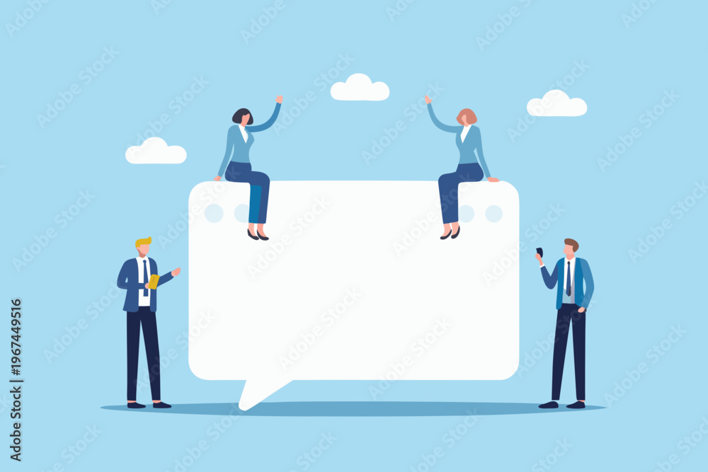 Fototapeta premium Minimalist illustration of people interacting near a large speech bubble