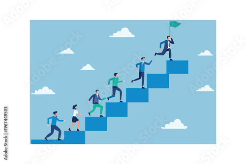 Businesspeople running up a series of ascending blue blocks reaching for a flag