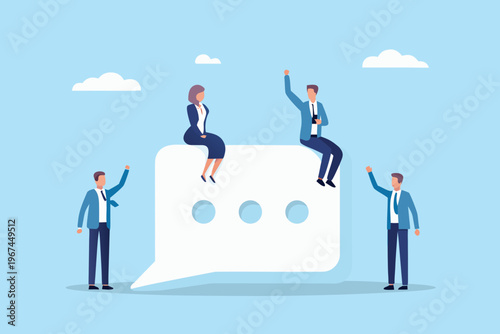 Business professionals interacting on a large speech bubble illustration
