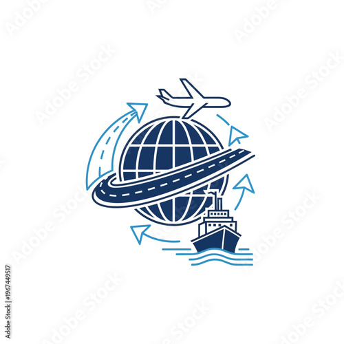 Global transportation and travel concept with airplane ship and road around the world.