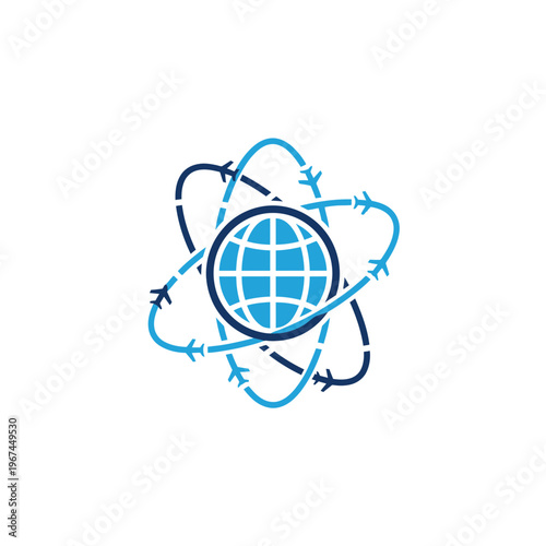 Global travel concept with airplanes orbiting the world representing international flights.