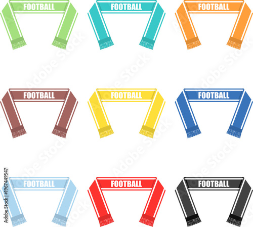 Football scarf vector set, colorful soccer fan scarves collection, isolated sports supporter accessories flat style.