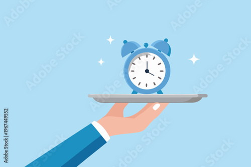A blue alarm clock presented on a silver platter by a hand