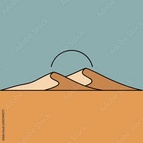 Minimalist desert landscape with sand dunes and a setting sun simple and serene.