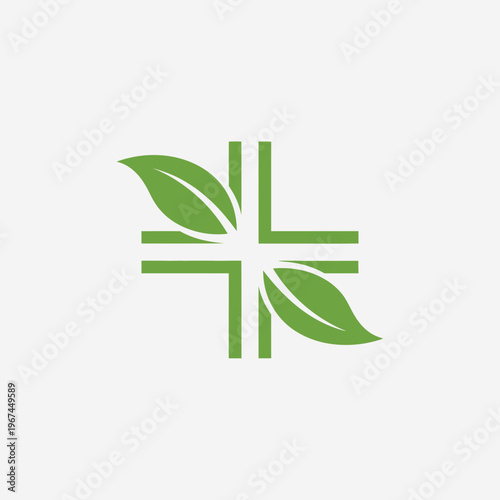 Green cross symbol with leaves representing natural healthcare and medicine.