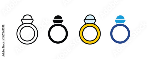 Luxury diamond engagement ring and jewelry marriage icon set. Wedding proposal and precious gemstone accessory symbols in multiple styles. Vector Illustration.