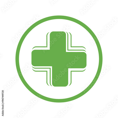 Green medical cross symbol inside a white circle healthcare concept isolated.