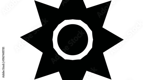 Black and white geometric shape with a central white ring, like a stylized star or gear