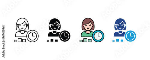 Woman character with clock for time management icon set. Productivity tracking and professional scheduling symbols in multiple styles. Vector Illustration.