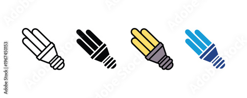 Energy saving CFL fluorescent light bulb icon set for ecology and electricity. Efficient lighting solution and power conservation symbols in multiple styles. Vector Illustration.