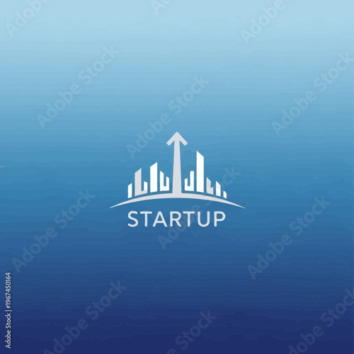 Startup logo with building silhouette and upward arrow representing growth and success.