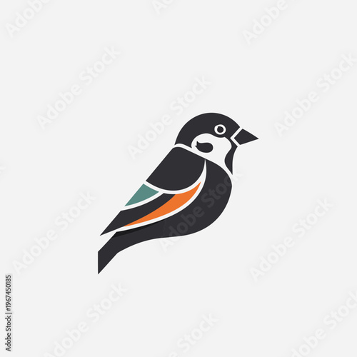 Stylized bird illustration with geometric shapes and vibrant colors on a white background.