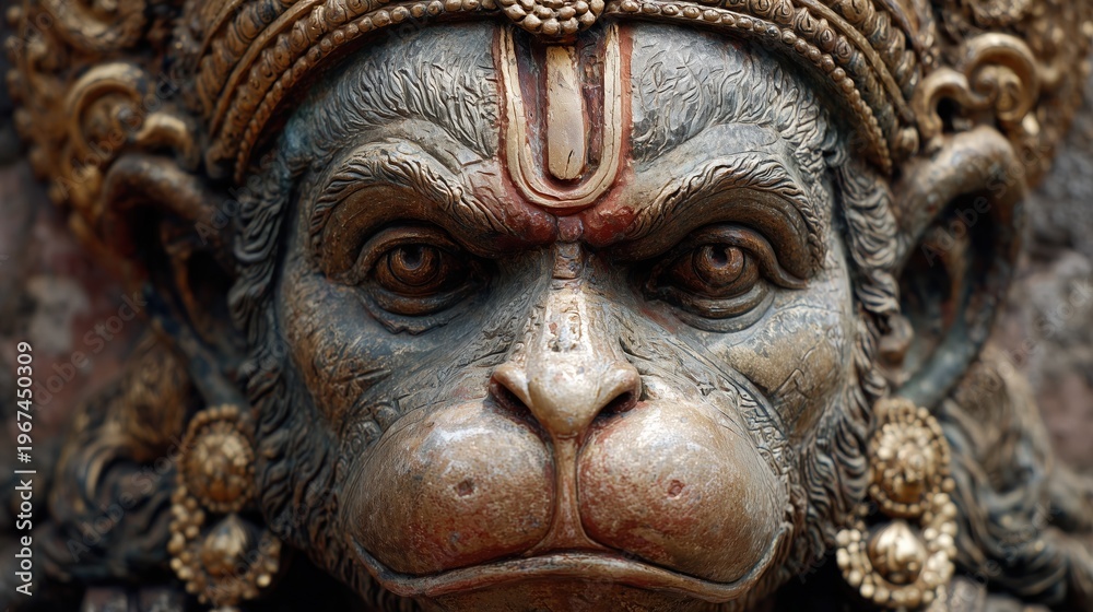 Fototapeta premium Lord Hanuman face close up with traditional tilak and ornaments