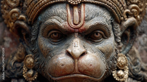 Lord Hanuman face close up with traditional tilak and ornaments