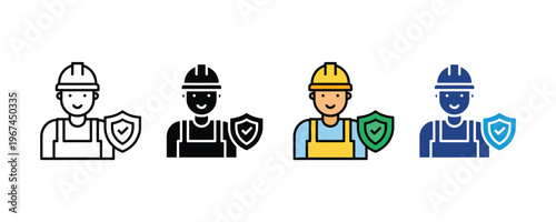 Professional construction worker with safety helmet and protective shield icon set. Industrial labor protection and security insurance symbols in multiple styles. Vector Illustration.