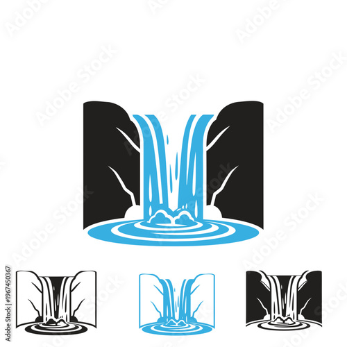 Waterfall logo design with water flowing down from the mountains simple and elegant.