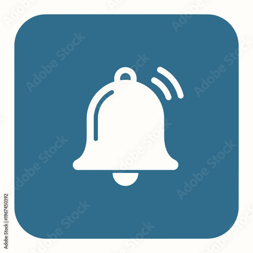 White bell icon on a blue background representing notifications and alerts simple design.