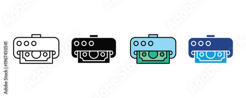 Online banking cash withdrawal and ATM transaction icon set. Secure digital payment and electronic money transfer symbols in multiple styles. Vector Illustration.