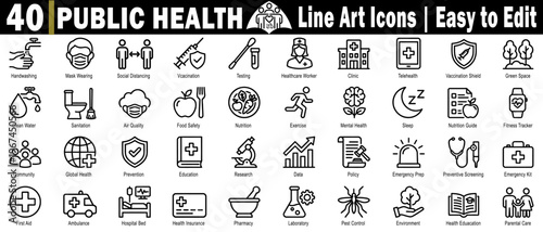 Public health line art icons set. Easy to edit hand washing mask wearing social distancing vaccination testing healthcare worker. vector illustration.