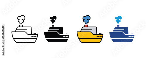 Industrial steam ship and luxury cruise boat icon set. Ocean transport vessel with smoke stack symbols in multiple graphic styles. Vector Illustration.