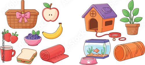 Pet Care and Picnic Vector Set with Basket, Fruits, Sandwich, Coffee, Dog House, Fish Tank, Plant, and Accessories