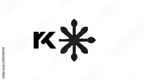 Bold black shapes a letter "K" next to a starburst-like figure on a stark white background