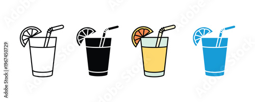 Fresh orange juice glass with lemon slice and drinking straw icon set. Summer refreshing citrus beverage symbols in multiple styles. Vector Illustration.