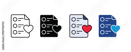 Favorite wishlist document and heart priority checklist icon set. Survey form with like button and satisfaction rating symbols in multiple styles. Vector Illustration.