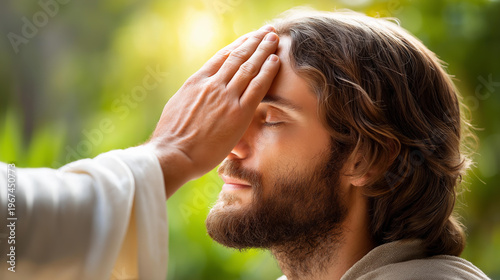 Jesus Christ healing a blind man in a powerful biblical miracle, spiritual theology and ancient faith story concept, defocused background, with copy space