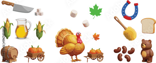 Thanksgiving Harvest Vector Set with Turkey, Corn, Pumpkin Cart, Horseshoe, Bread, Barrel, Chestnuts, and Autumn Farm Elements