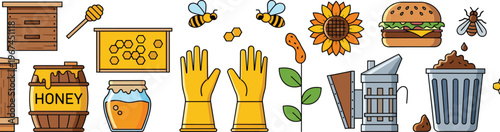 Beekeeping and Honey Production Vector Set with Beehive, Bees, Honey Jar, Gloves, Sunflower, Smoker, and Apiary Equipment