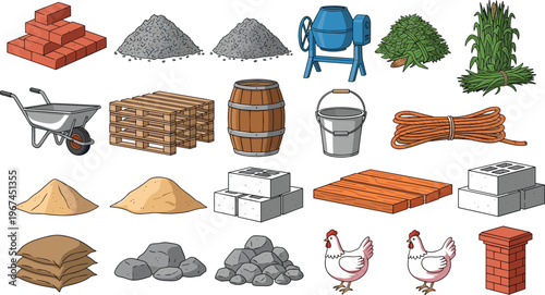 Construction Materials and Farm Supply Vector Set with Bricks, Gravel, Cement Mixer, Wheelbarrow, Pallets, Chickens, and Building Equipment