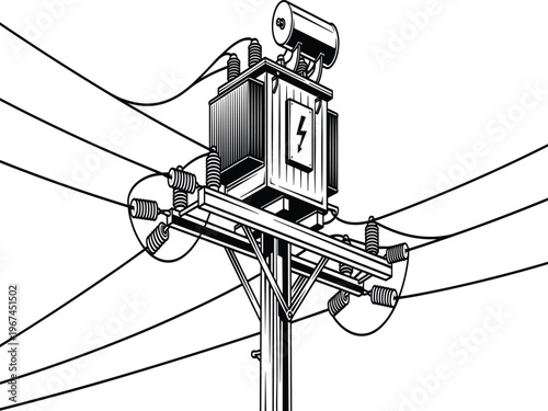 Black and white of electric transformer on power pole with wires and insulators