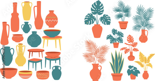 Decorative Vase and Indoor Plant Vector Set with Modern Pottery, Botanical Houseplants, and Minimal Home Decor Elements