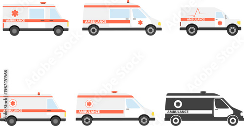 Ambulance car collection vector illustration, medical emergency transport van set in flat style isolated.