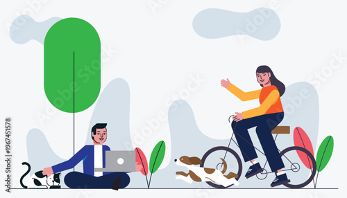 Work Life Balance Illustration with Man Working on Laptop and Woman Cycling Outdoor Flat Design