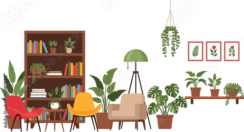 Cozy Living Room Vector Illustration with Bookshelf, Indoor Plants, Chairs, Armchair, Floor Lamp, and Botanical Home Decor