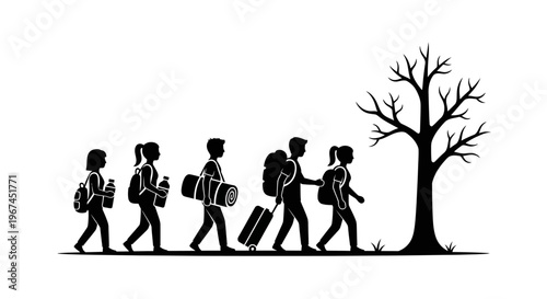 a group of people walking with luggage next to a bare tree.