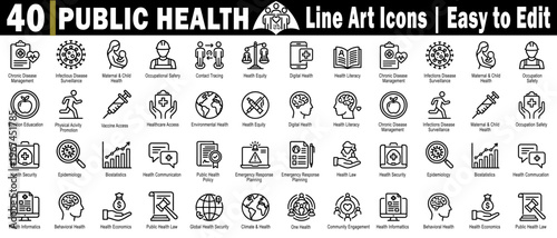 Public health line art icons set. Easy to edit chronic disease management, infectious disease surveillance, maternal-child, and occupational safety tracing, vector illustration.