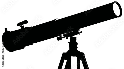 A black silhouette of an astronomical telescope on a tripod, angled diagonally