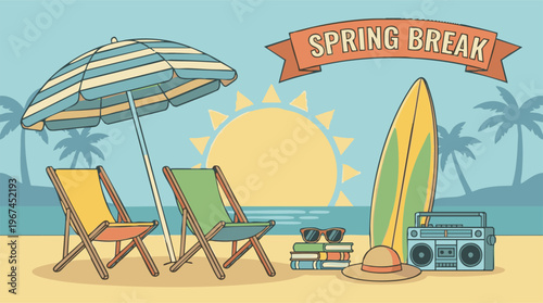 Spring Break beach scene with sun, umbrella, chairs, surfboard, books, and music