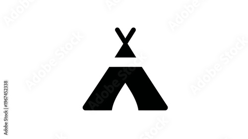 Minimalist black and white design featuring a stylized teepee against a clean white backdrop