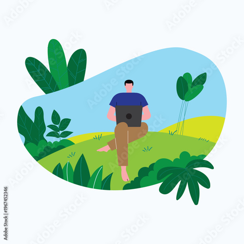 Remote Work Illustration with Man Using Laptop in Nature Outdoor Freelance Lifestyle Concept