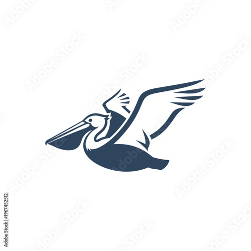 Flying pelican silhouette in midair showing wings and beak details navy blue color.