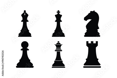 Set of chess pieces silhouettes isolated on white background
