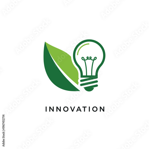 Green leaf and light bulb logo representing innovation and ecofriendly ideas.