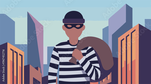Burglar in striped shirt with a mask carrying a sack in a city