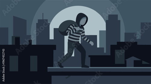 Hooded figure carrying sack on city rooftop at night